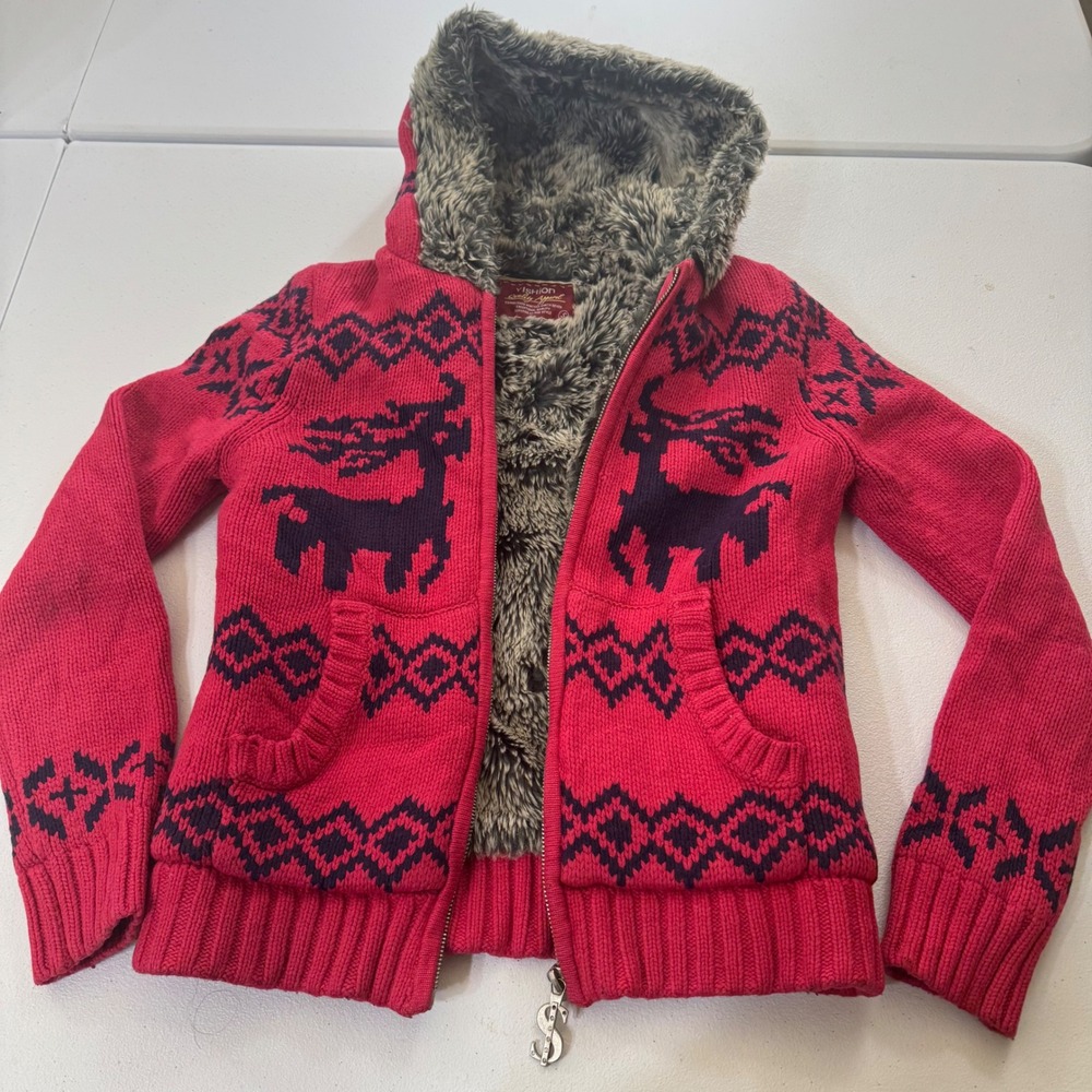 Y2K YISHION Red Reindeer Fair Isle Knit Hoodie Faux Fur Lined girl sz S Holiday